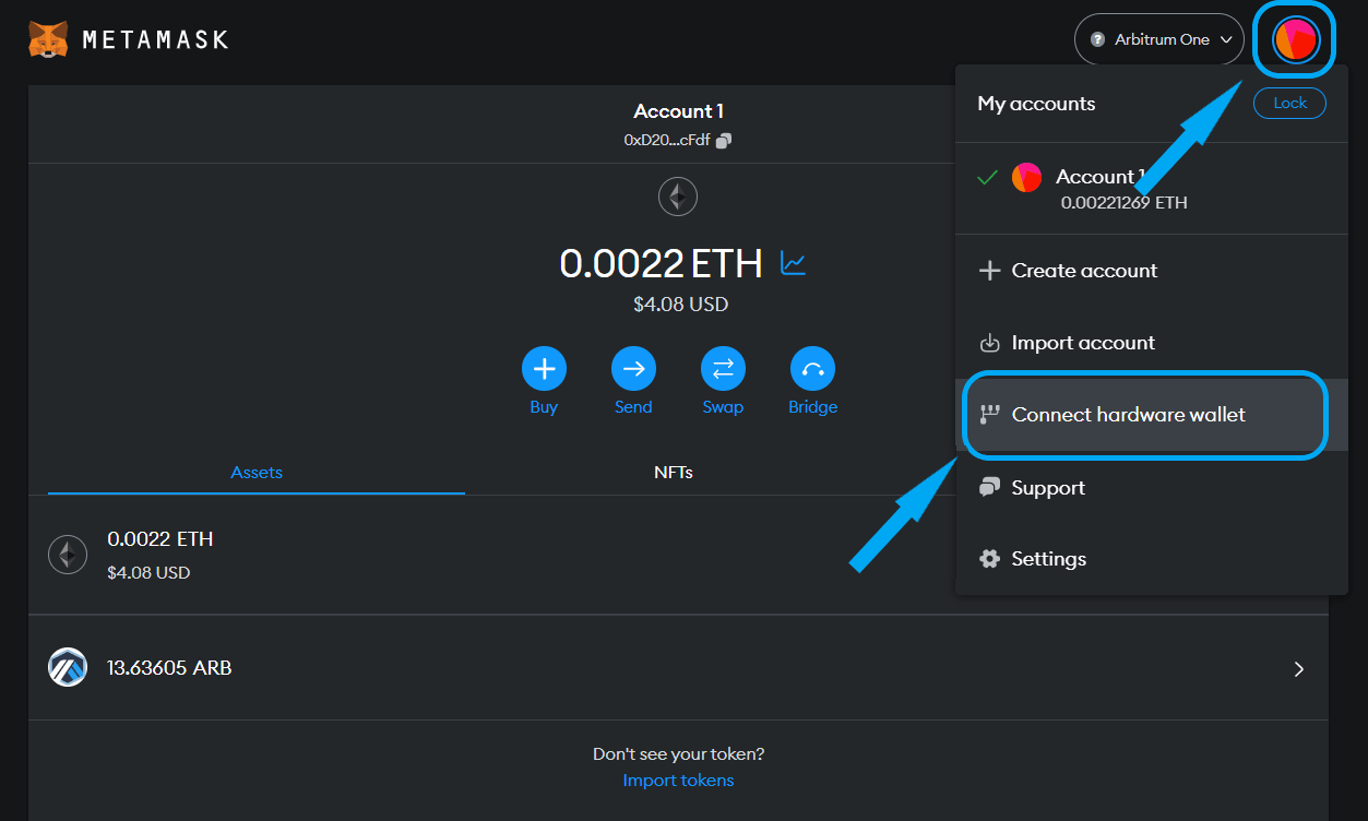 Connect hardware wallet Ledger to Metamask