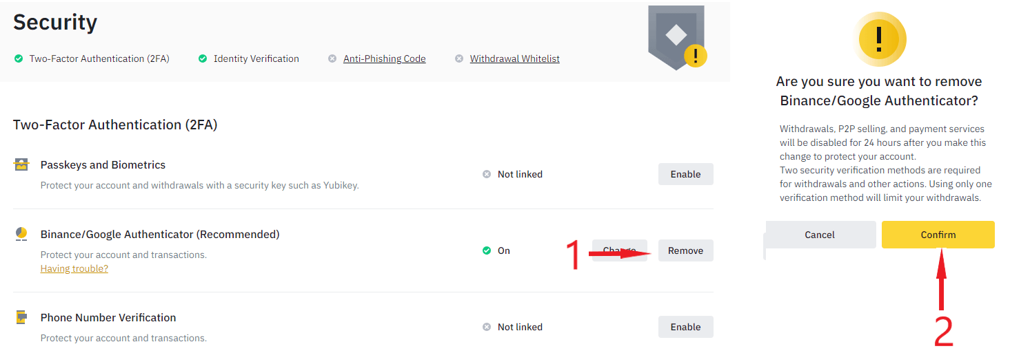 Unbind Google Authenticator on Binance