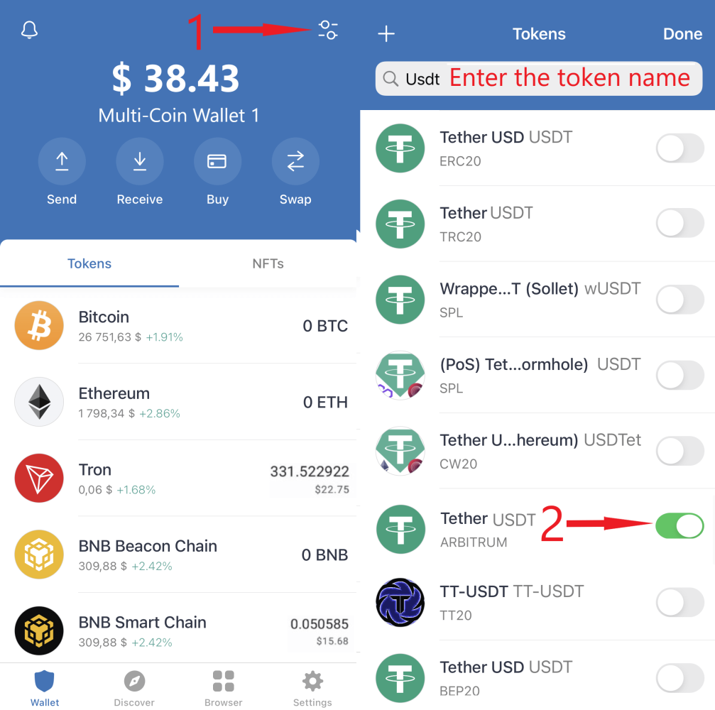 Example how to add USDT on the Arbitrum network to Trust Wallet